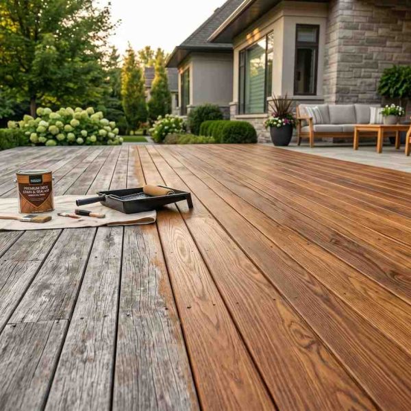 Before-and-after deck staining project showing weathered wood restored with rich protective finish. Professional deck refinishing service enhances durability, appearance, and outdoor living space, featuring staining tools, premium wood decking, and a luxury backyard patio for residential deck maintenance and restoration.