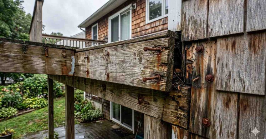 Close-up of a weathered wooden deck attached to a house, showing severe rot, rusted bolts, and structural deterioration where the support beam connects to the exterior wall. Rainy conditions highlight the damaged wood and moisture exposure. Backyard landscaping and patio area appear below, emphasizing potential safety hazards and long-term water damage.