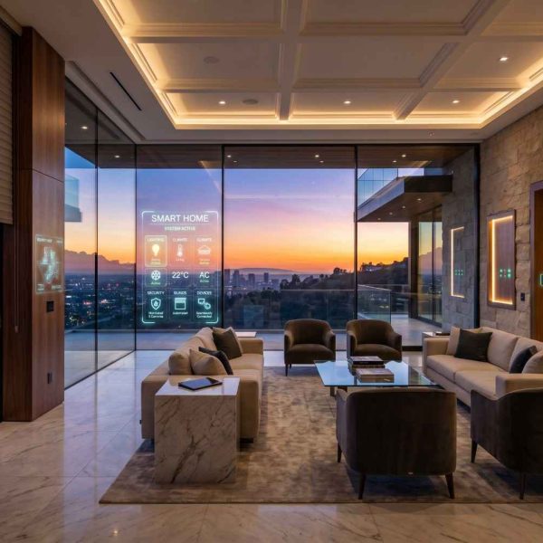 Luxury smart home interior with automated lighting, climate control, and integrated home automation dashboard. Modern open-concept living room features floor-to-ceiling windows, premium finishes, and intelligent technology, showcasing energy-efficient smart home design, connected living solutions, and contemporary residential architecture.