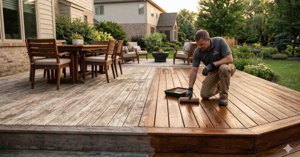 Contractor applies wood stain to restore a weathered backyard deck, creating a dramatic contrast between faded boards and freshly finished timber. Outdoor dining furniture and landscaped gardens surround the residential patio area. The image highlights deck refinishing, wood preservation, exterior home maintenance, and backyard renovation work in a modern suburban outdoor living space.