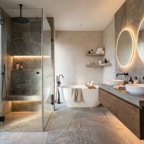 Luxury spa-inspired bathroom with freestanding soaking tub, walk-in glass shower, double vessel sinks, and illuminated round mirrors. Modern bathroom design featuring natural stone finishes, premium fixtures, custom vanity, and high-end residential interior remodeling.