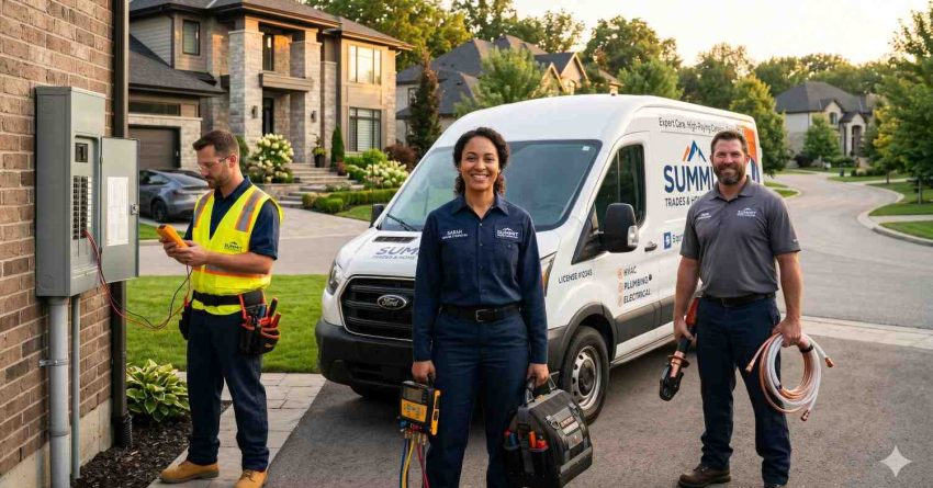 Three home service technicians stand outside a suburban house beside a service van. One tests an electrical panel, while the others carry tools and equipment, representing professional residential electrical, plumbing, and HVAC services.