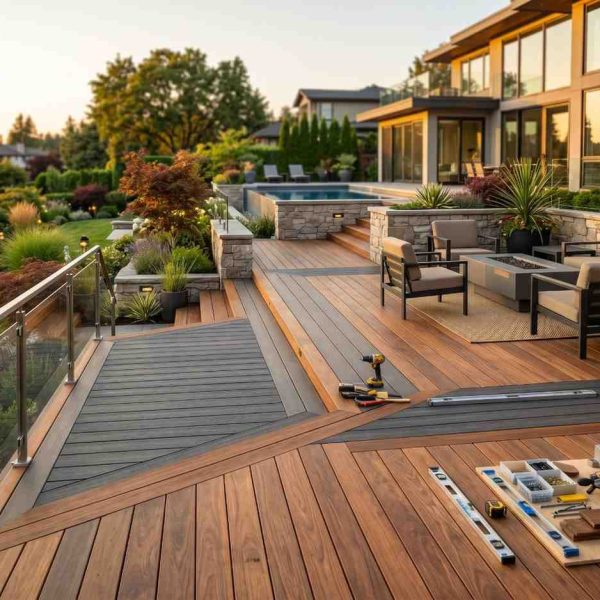 Custom multi-level deck construction featuring premium wood and composite decking, glass railings, and outdoor lounge seating beside a luxury modern home. Contractor tools highlight professional deck installation, backyard renovation, outdoor living design, and high-end residential landscaping with integrated entertainment spaces.