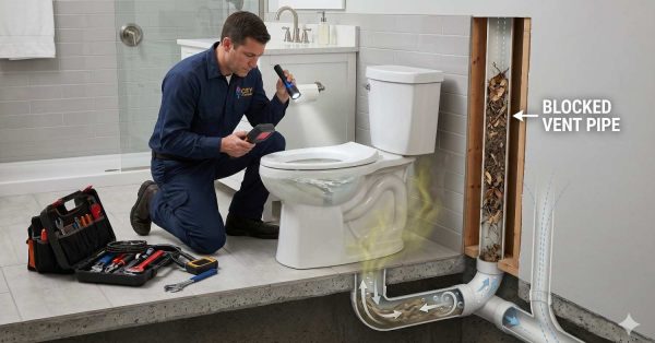 Plumber inspects a bathroom toilet using diagnostic tools beside an illustrated cutaway of plumbing beneath the floor. Exposed wall framing reveals a blocked vent pipe filled with debris, explaining drainage or sewer ventilation issues.