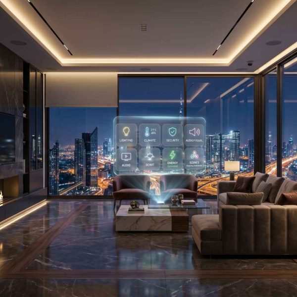 Luxury smart home living room with panoramic city skyline views, integrated home automation dashboard, automated lighting, climate control, security monitoring, and entertainment systems. Modern interior design features floor-to-ceiling windows, premium finishes, and advanced smart technology for connected, energy-efficient living.