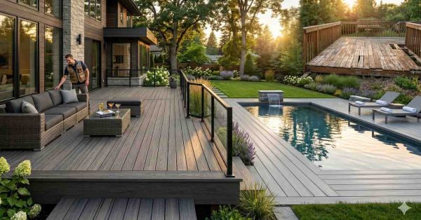 Modern backyard featuring a spacious composite deck, outdoor seating, and swimming pool beside a luxury home. An inset image shows an old, deteriorated wooden deck, emphasizing the transformation from unsafe decking to a stylish, durable outdoor living space.