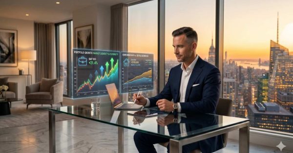 Business professional works at a desk in a luxury high-rise apartment overlooking a city skyline at sunset. Digital financial charts and investment analytics display portfolio growth and real estate market trends beside his laptop.