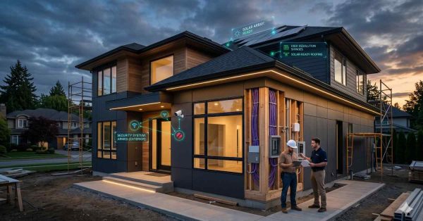 Modern smart home under construction at dusk featuring sleek contemporary architecture, large windows, and integrated technology overlays highlighting solar readiness, security systems, and energy efficient roofing Two workers review plans beside exposed wiring and unfinished exterior walls Scaffolding surrounds the house while illuminated interiors and smart features showcase advanced sustainable residential design