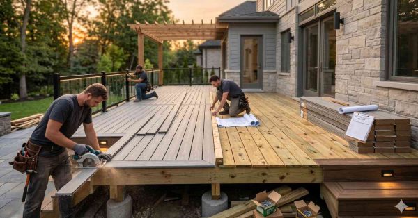 Contractors install modern composite decking on a large backyard terrace beside a stone home at sunset. Workers cut deck boards, review blueprints, and secure railing systems while transitioning from exposed pressure-treated framing to finished gray decking. Pergola structures, integrated stair lighting, and stacked materials highlight the active residential deck construction and outdoor renovation process.