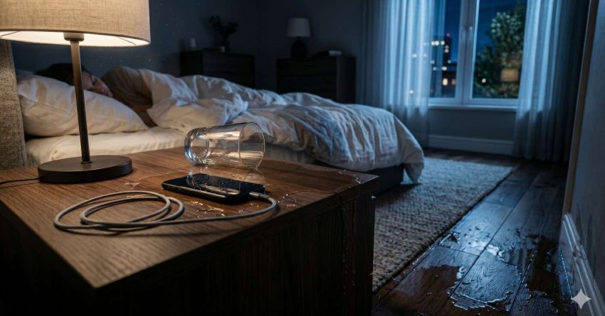 Water spills across a bedside table and hardwood floor beside a charging smartphone and cable in a dim bedroom at night. A sleeping person rests in the background, highlighting the danger of water exposure near electronics and potential electrical hazards indoors.