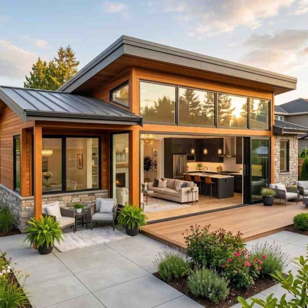 Modern luxury home exterior with floor-to-ceiling glass doors, open-concept living space, contemporary architecture, landscaped backyard, and spacious outdoor patio. Custom home design featuring wood siding, stone accents, energy-efficient windows, and seamless indoor-outdoor living for modern residential construction.
