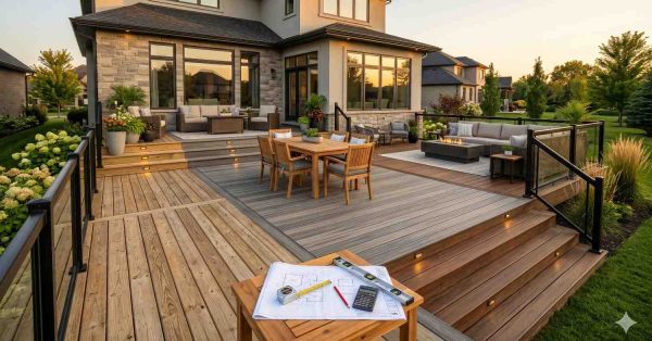 Large multi-level backyard deck combines natural wood and gray composite decking with integrated stair lighting, black aluminum railings, dining furniture, lounge seating, and fire table beside modern luxury home. Construction plans, calculator, measuring tape, and level rest on foreground table, highlighting deck design planning, outdoor renovation, and premium residential landscaping at sunset.