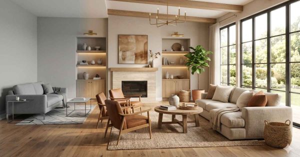 A modern living room comparison shows a plain minimalist space on the left and a warm, fully furnished interior on the right with large windows, neutral décor, wood accents, and comfortable seating around a fireplace.