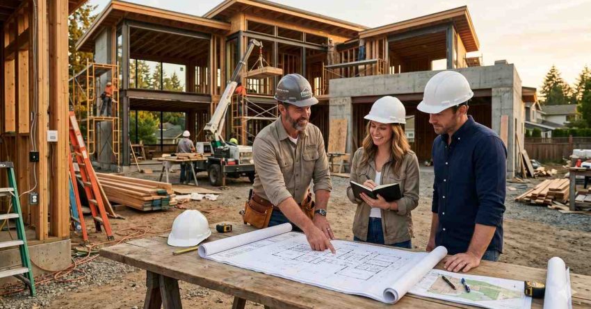 Construction team reviews architectural blueprints at an active modern home building site Workers wearing safety helmets discuss plans beside unfinished luxury houses with exposed wood framing, scaffolding, and construction equipment Lumber, ladders, and tools surround the area while builders coordinate progress, inspections, and residential development tasks during a busy outdoor construction project site