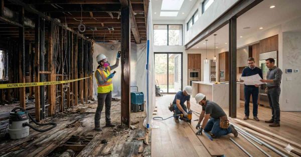 Split-view home renovation scene showing severe fire or water damage restoration beside newly remodeled luxury interior. Construction workers inspect exposed framing, install hardwood flooring, and review architectural plans inside modern open-concept home. Protective barriers, safety equipment, debris, and finished kitchen highlight dramatic before-and-after residential rebuilding and renovation transformation process underway.