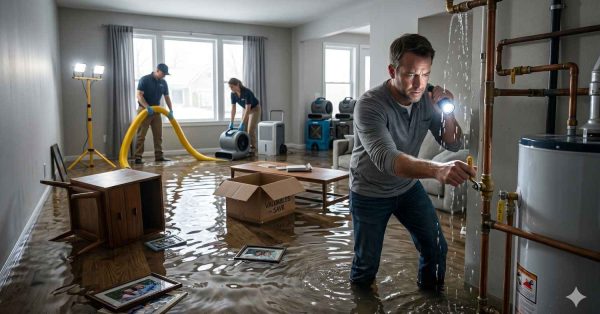 A flooded living room shows water covering the floor as a man inspects leaking pipes with a flashlight. In the background, cleanup workers use drying equipment and hoses, while furniture, boxes, and framed photos sit damaged by the indoor water leak.