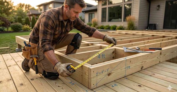 Contractor measuring a deck frame with a tape measure during backyard construction. Dimension labels and a visual 3-4-5 triangle guide illustrate deck layout accuracy, framing techniques, and construction planning, highlighting precise measurements and structural alignment in a residential outdoor building project.
