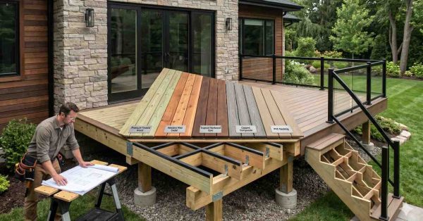 A contractor reviews deck construction plans beside a partially built backyard deck showcasing multiple decking material options. Labeled samples include pressure-treated wood, cedar, tropical hardwood, capped composite, and PVC decking. Exposed framing, railings, and stairs highlight the comparison between materials, structural design, durability, appearance, and outdoor performance.