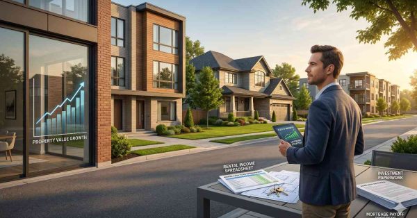 Real estate investor reviewing property documents and financial data outside a modern residential development. Visual overlays display property value growth, rental income, and mortgage payoff progress, highlighting investment planning and long-term wealth building through real estate.