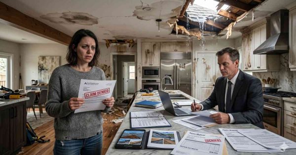 Upset homeowner holds a denied insurance claim letter inside a severely water-damaged kitchen with collapsed ceiling and leaks. An insurance representative reviews documents at the counter, highlighting the frustration and financial challenges of denied home damage coverage and repair costs.