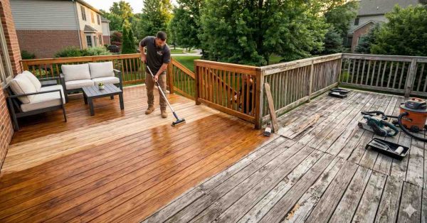 Worker refinishes a residential wooden deck, highlighting the contrast between newly stained boards and weathered decking awaiting restoration. Outdoor furniture sits on the completed section, while sanding tools, paint trays, and equipment rest nearby. Suburban homes and green trees surround the backyard, showcasing an in-progress deck renovation and exterior improvement project.