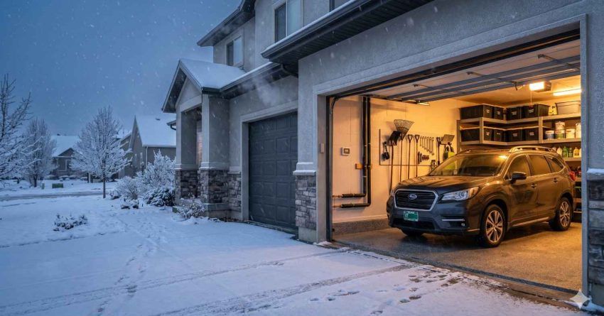 An open garage glows warmly during a snowy evening, sheltering an SUV inside a clean organized space with storage shelves and tools, while cold air and snow surround the modern suburban home outside.