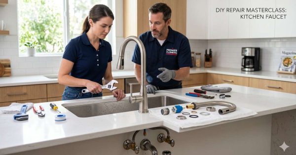 Person repairs a kitchen faucet under the guidance of a plumbing professional in a bright modern kitchen. Faucet components, washers, tools, and replacement parts are arranged on the countertop. The scene demonstrates a DIY faucet repair tutorial, hands-on home maintenance, plumbing instruction, troubleshooting, and basic sink fixture installation skills.