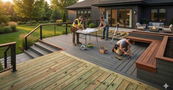 Contractors install and measure a modern multi-level composite deck with integrated seating, cable railings, and wide stair access in a landscaped backyard. Workers use blueprints, power tools, and surveying equipment during construction. The contemporary outdoor living space features gray decking, wood accent planters, and a luxury patio beside a modern black-sided home.