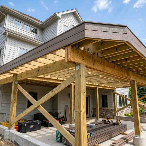 Elevated deck construction featuring pressure-treated wood framing, support posts, cross bracing, and composite decking attached to a residential home. Professional deck installation showcases structural engineering, custom outdoor living design, deck building craftsmanship, backyard renovation, and durable foundation support for long-lasting performance.