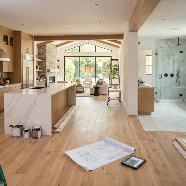 Luxury home renovation featuring a custom kitchen with quartz waterfall island, hardwood flooring, vaulted ceilings, and spa-style bathroom. High-end residential remodeling project showcasing modern interior design, custom cabinetry, premium finishes, and expert home improvement craftsmanship.
