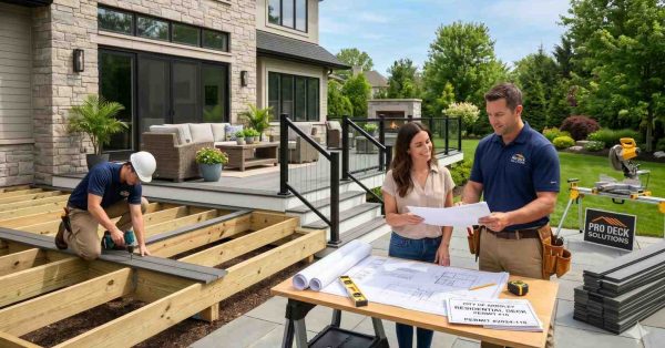 Homeowners and a deck contractor review construction plans beside a partially completed deck project. A worker installs composite decking boards on exposed wooden framing while tools, blueprints, permits, and materials are displayed nearby. The image highlights deck design consultation, project planning, permitting, professional installation, and residential outdoor living upgrades.