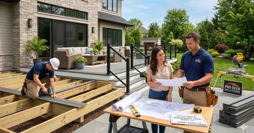 Homeowners and a deck contractor review construction plans beside a partially completed deck project. A worker installs composite decking boards on exposed wooden framing while tools, blueprints, permits, and materials are displayed nearby. The image highlights deck design consultation, project planning, permitting, professional installation, and residential outdoor living upgrades.