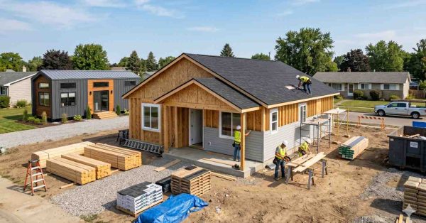 Workers build a single-story suburban home with partially finished siding and roofing. Construction materials, ladders, and lumber surround the site as contractors install exterior features and complete framing in a residential neighborhood.