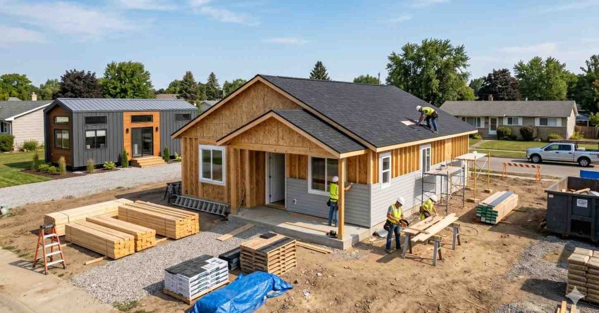 Workers build a single-story suburban home with partially finished siding and roofing. Construction materials, ladders, and lumber surround the site as contractors install exterior features and complete framing in a residential neighborhood.