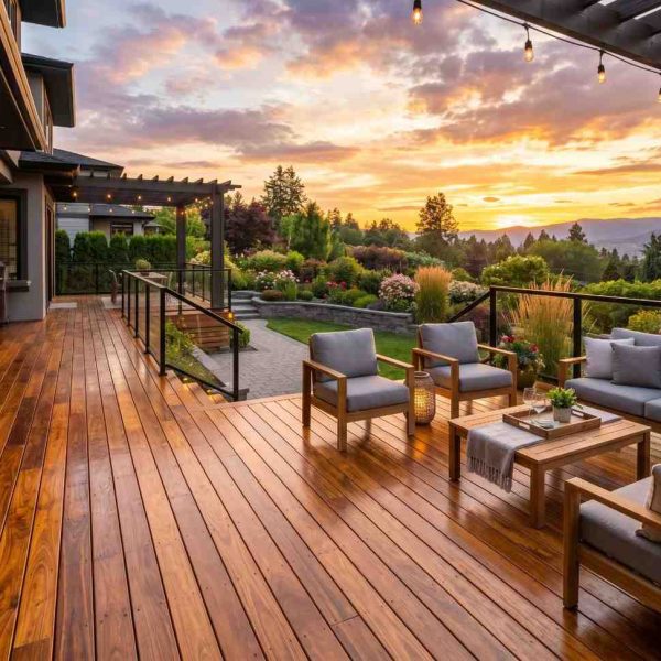 Luxury wood deck with outdoor lounge seating, pergola, and glass railing overlooking landscaped gardens at sunset. Premium backyard living space attached to a modern home showcases custom deck installation, outdoor entertaining, residential landscaping, and high-end deck design with scenic mountain views.
