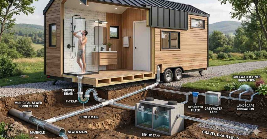 Cutaway illustration of a tiny home plumbing and wastewater system showing shower drainage, sewer connections, septic tank, greywater filtration, and landscape irrigation. Underground pipes and water flow systems are labeled beneath the home.