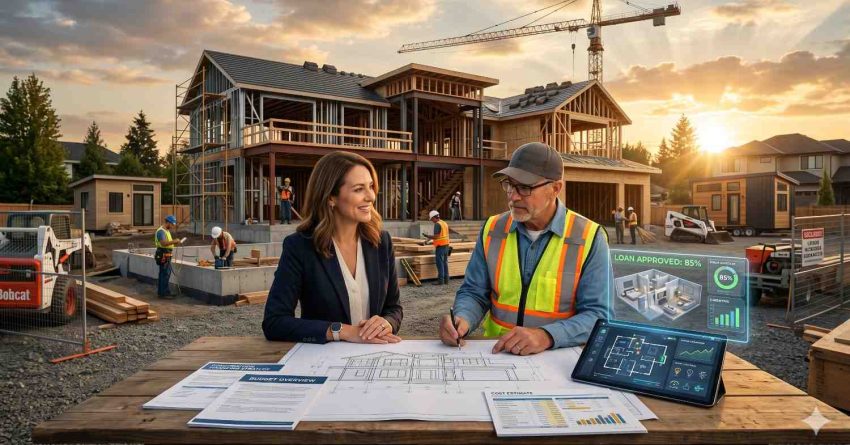 Construction manager and client review architectural blueprints at an active residential building site during sunset Workers assemble a large modern home frame while cranes and machinery operate nearby Digital overlays display loan approval, budgeting, and smart planning data Tablets, reports, and construction documents highlight project management, financing, and coordinated home development progress outdoors