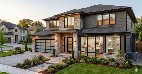 Modern two-story suburban home with stone and dark siding exterior, large windows, and a landscaped front yard. Warm interior lighting highlights the kitchen and bathroom visible through expansive glass windows at dusk.