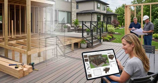 Homeowner reviews a digital deck design and materials list on a tablet while contractors examine blueprints beside an ongoing outdoor renovation project. The image combines existing deck construction, completed composite decking, and transparent architectural overlay drawings, illustrating deck planning, visualization, collaboration, budgeting, and residential construction project management.