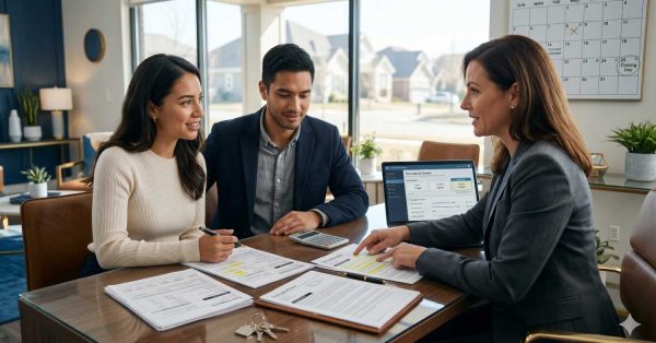 A couple meets with a mortgage advisor in a bright office, reviewing loan documents and closing paperwork. A laptop displays mortgage timelines while a calendar highlights closing day, emphasizing the homebuying and approval process.