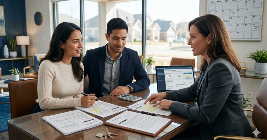 A couple meets with a mortgage advisor in a bright office, reviewing loan documents and closing paperwork. A laptop displays mortgage timelines while a calendar highlights closing day, emphasizing the homebuying and approval process.