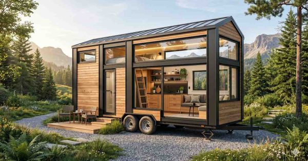 Modern tiny house on wheels with large glass windows and wood siding set in a scenic mountain landscape. The compact home features a bright interior, loft sleeping area, outdoor seating, and contemporary minimalist design surrounded by trees and nature.