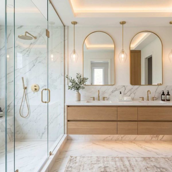Luxury marble bathroom with walk-in glass shower, double vanity, and gold fixtures. Modern spa-inspired bathroom design featuring floating wood cabinetry, illuminated mirrors, premium finishes, natural light, and high-end residential bathroom remodeling.