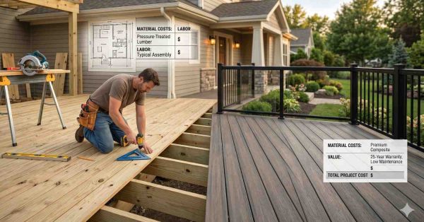 Side-by-side comparison of pressure-treated wood decking and premium composite decking during construction and cost evaluation. A contractor installs traditional lumber framing beside a finished low-maintenance composite deck with black railings. Overlay graphics display material costs, labor considerations, warranty benefits, and project value, helping homeowners compare outdoor decking options for residential renovation projects.