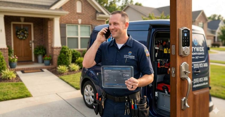 A locksmith technician stands outside a suburban home, talking on a phone beside a service van with tools visible inside. He holds a digital tablet while working on a smart lock installed on an open front door.