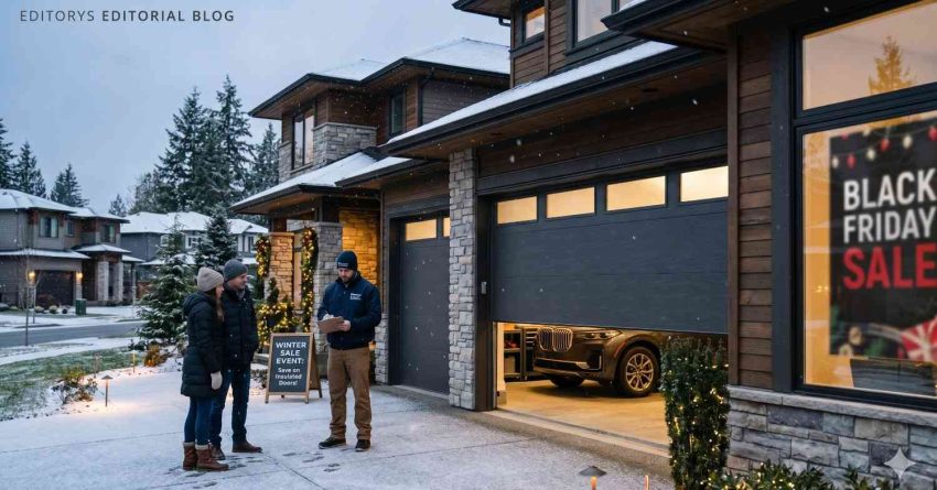 A garage door technician speaks with homeowners outside a modern house during a winter sales event. A partially open insulated garage door reveals a vehicle inside, while seasonal sale signage and snowfall create a holiday atmosphere.