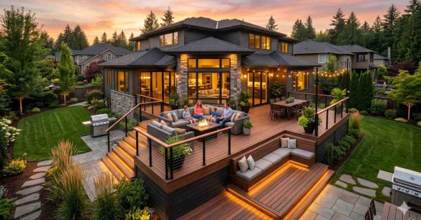 Large modern home with a multi-level backyard deck illuminated at sunset. Family members relax around a fire pit while landscaped gardens, outdoor dining space, built-in seating, and warm accent lighting create an inviting luxury outdoor living environment.