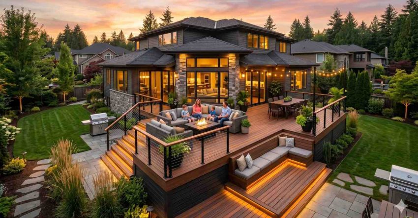 Large modern home with a multi-level backyard deck illuminated at sunset. Family members relax around a fire pit while landscaped gardens, outdoor dining space, built-in seating, and warm accent lighting create an inviting luxury outdoor living environment.