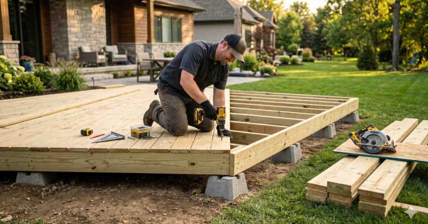 A contractor builds a wooden backyard deck beside a modern home, using power tools and lumber to install deck boards on a raised frame supported by concrete footings in a landscaped yard.