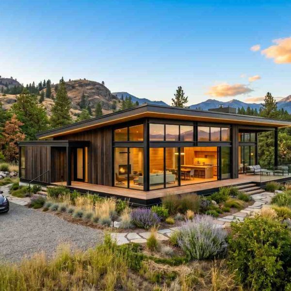 Modern luxury mountain home with floor-to-ceiling glass windows, contemporary architecture, landscaped garden, and panoramic forest views. Custom residential design featuring an open-concept living space, sustainable modern house exterior, and scenic mountain retreat surrounded by nature.